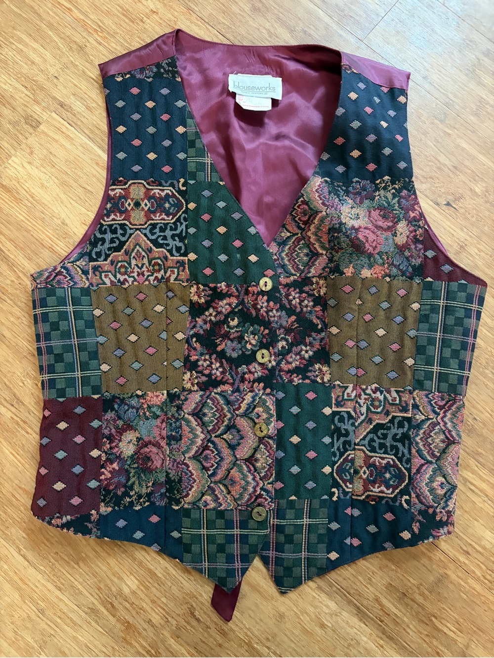 Vintage Blouseworks Tapestry Vest Large Burgundy Patchwork Floral Brocade
